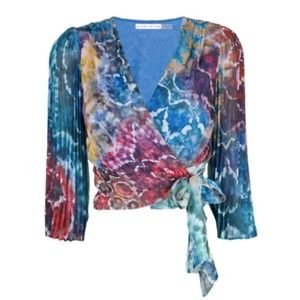 ALICE & OLIVIA TIE DYE PLEATED SLEEVE WRAP BLOUSE.
